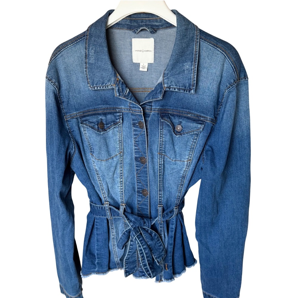 Vintage America Medium Wash Belted Denim Jacket Frayed Hem, L